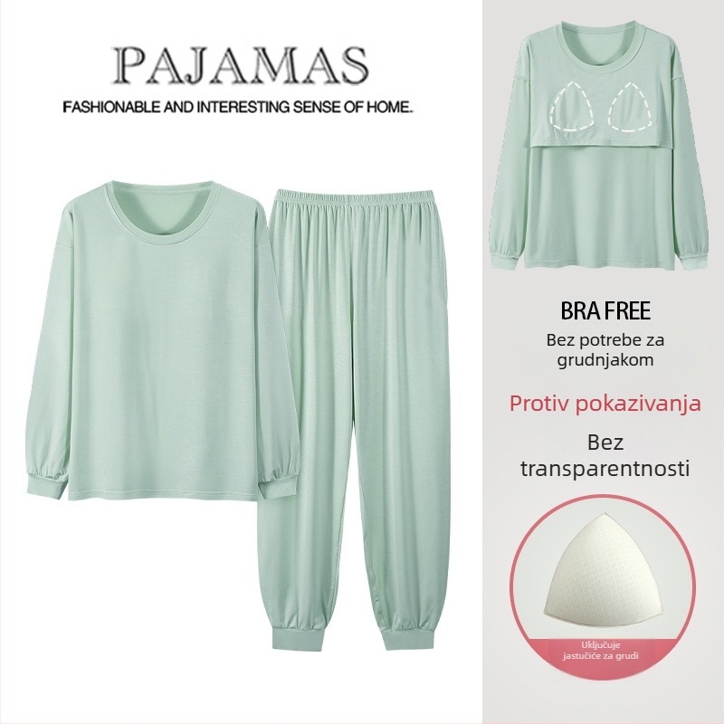 Ženski modalni pidžama set s jastučićem za grudi, dugi rukavi, okrugli izrez, tanko vlakno