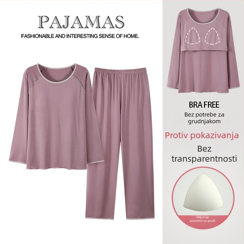 Ženski modalni pidžama set s jastučićem za grudi, dugi rukavi, okrugli izrez, tanko vlakno