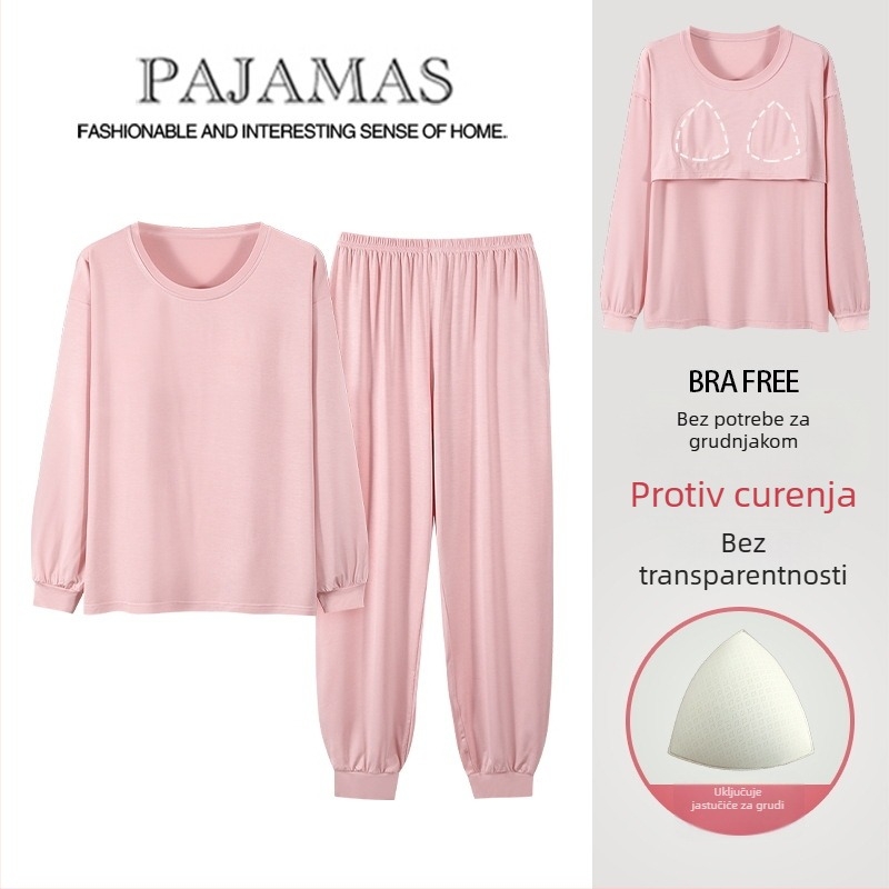 Ženski modalni pidžama set s jastučićem za grudi, dugi rukavi, okrugli izrez, tanko vlakno