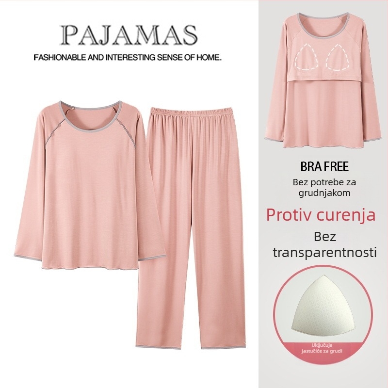 Ženski modalni pidžama set s jastučićem za grudi, dugi rukavi, okrugli izrez, tanko vlakno