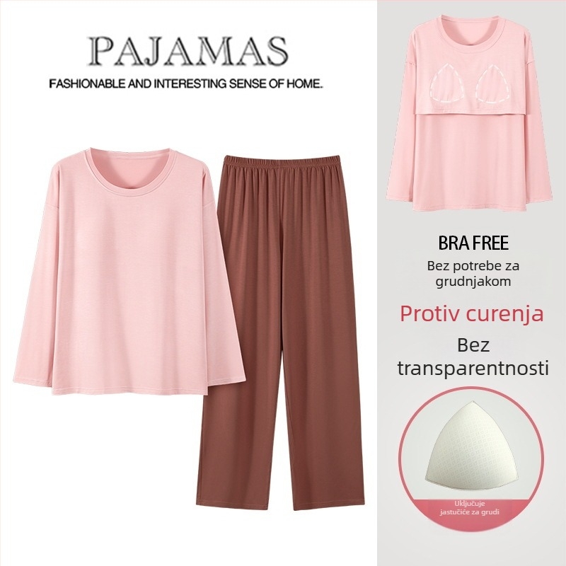 Ženski modalni pidžama set s jastučićem za grudi, dugi rukavi, okrugli izrez, tanko vlakno
