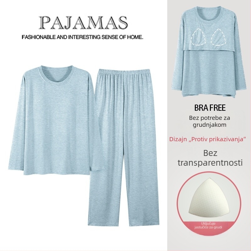 Ženski modalni pidžama set s jastučićem za grudi, dugi rukavi, okrugli izrez, tanko vlakno