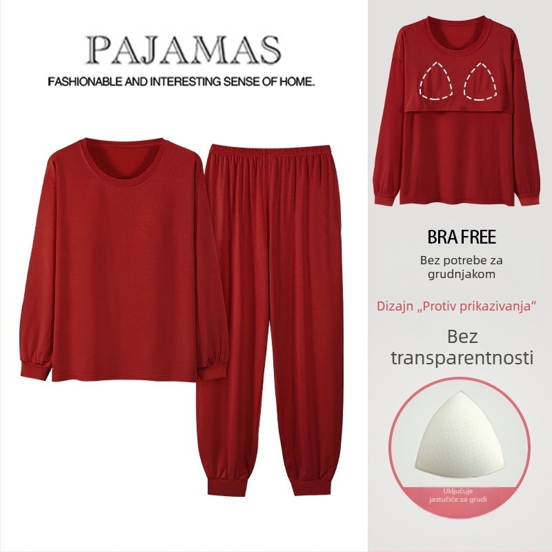 Ženski modalni pidžama set s jastučićem za grudi, dugi rukavi, okrugli izrez, tanko vlakno