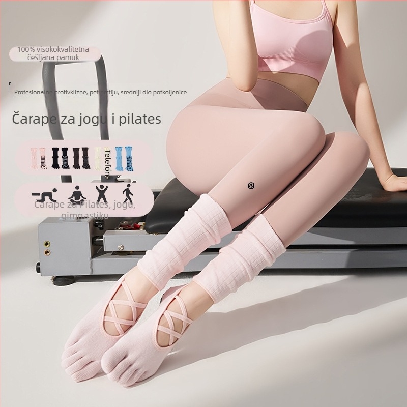 Ženske joga čarape s pet prstiju, protuklizne, pamuk 90-95%, srednje duljine do potkoljenice, bez šavova