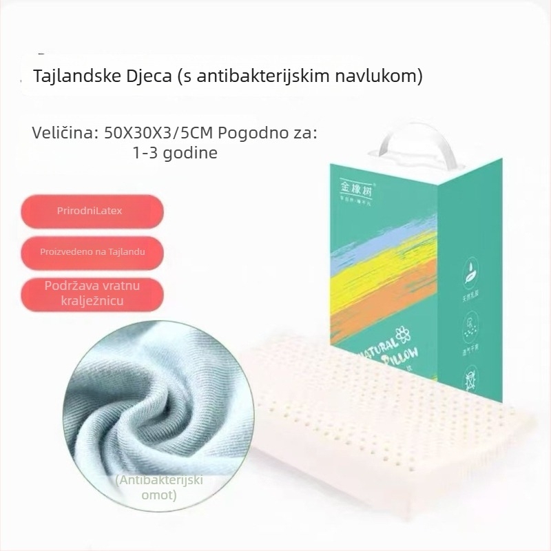 Dječji latex jastuk s potporom vrata - prirodni lateks 90%+, pravokutni oblik, navlaka od sintetičkih vlakana, pogodan za sve sezone