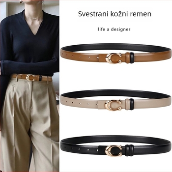 Ženski pojas s C kopčom, dvostrani, od prave kože, širine 2–4 cm, kopča na snaps, elektroplakirani završetak