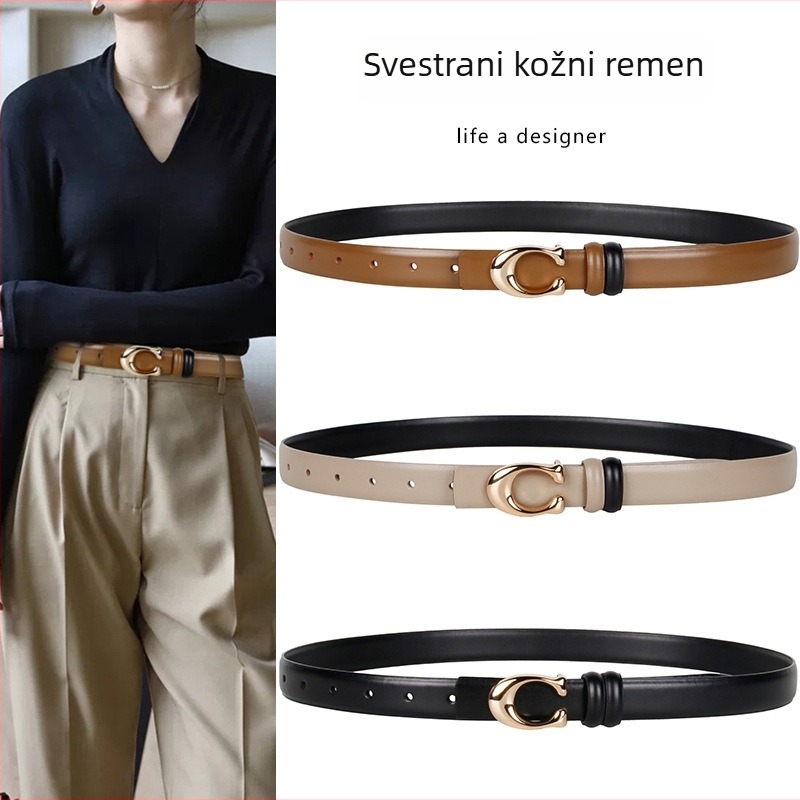 Ženski pojas s C kopčom, dvostrani, od prave kože, širine 2–4 cm, kopča na snaps, elektroplakirani završetak