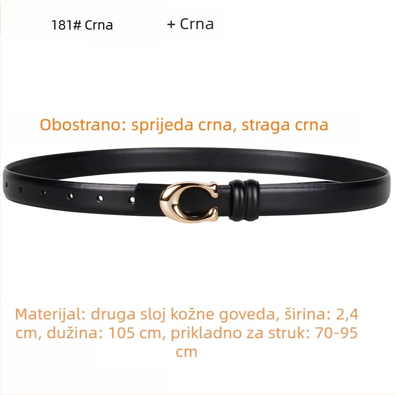 Ženski pojas s C kopčom, dvostrani, od prave kože, širine 2–4 cm, kopča na snaps, elektroplakirani završetak