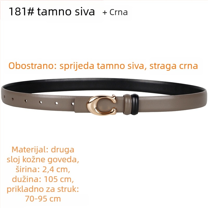 Ženski pojas s C kopčom, dvostrani, od prave kože, širine 2–4 cm, kopča na snaps, elektroplakirani završetak