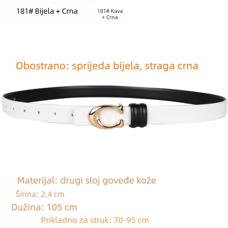 Ženski pojas s C kopčom, dvostrani, od prave kože, širine 2–4 cm, kopča na snaps, elektroplakirani završetak