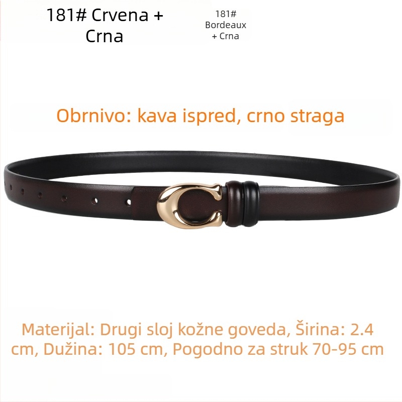 Ženski pojas s C kopčom, dvostrani, od prave kože, širine 2–4 cm, kopča na snaps, elektroplakirani završetak