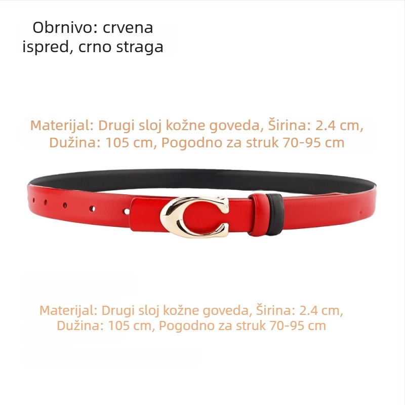 Ženski pojas s C kopčom, dvostrani, od prave kože, širine 2–4 cm, kopča na snaps, elektroplakirani završetak