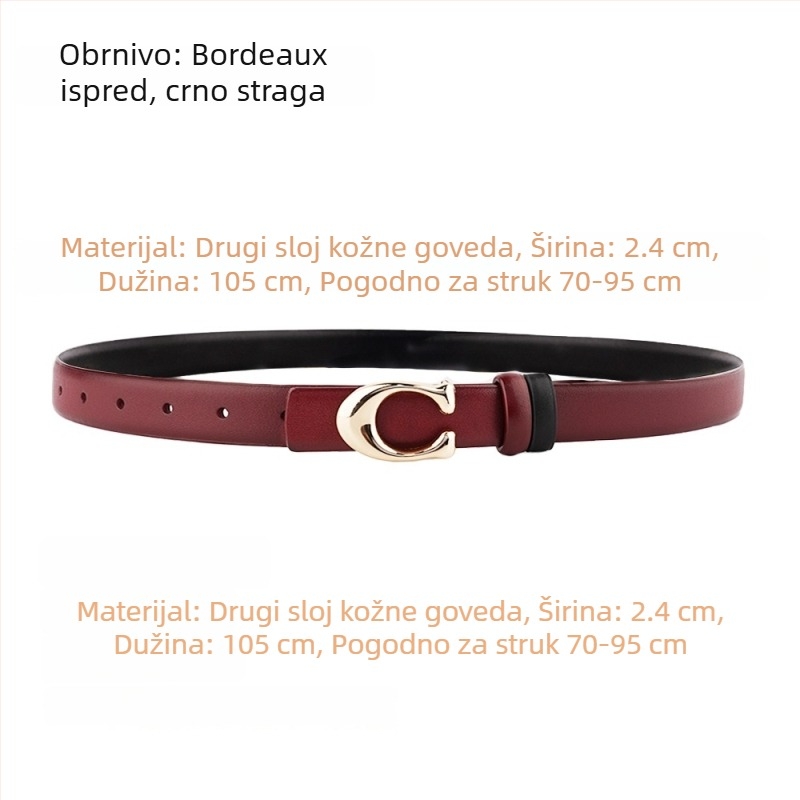 Ženski pojas s C kopčom, dvostrani, od prave kože, širine 2–4 cm, kopča na snaps, elektroplakirani završetak