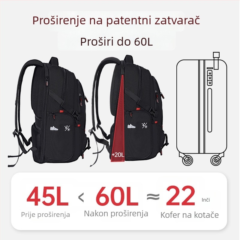 Putni ruksak, vodootporan, kapacitet 56–75L, Oxford tkanina, zakrivljeni remen za rame