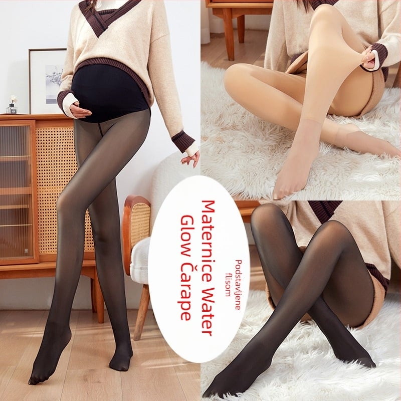 Trudničke najlon čarape s flis unutarnjom podstavom – tople, potpora trbuha, debele, bez uzorka, s nogama
