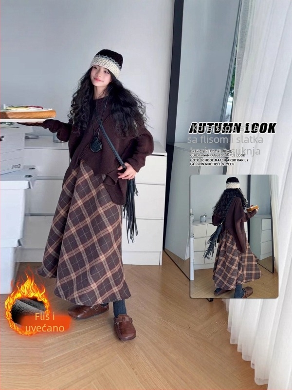 Djevojčice plisirana A-linijska suknja s kariranim uzorkom, poliester 90–95%, proljeće 2025