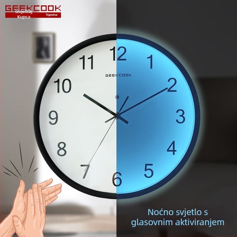 Metalni zidni sat s LED noćnim osvjetljenjem, senzorom aktiviranim glasom i kvarcnim mehanizmom