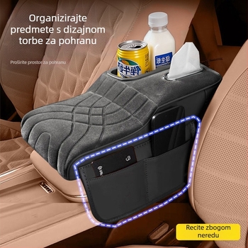 Auto naslon za ruku s podizanjem jastučićem - univerzalna koža, 380 g - kutija za maramice i držač čaše - četiri u jednom