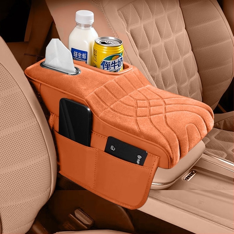 Auto naslon za ruku s podizanjem jastučićem - univerzalna koža, 380 g - kutija za maramice i držač čaše - četiri u jednom