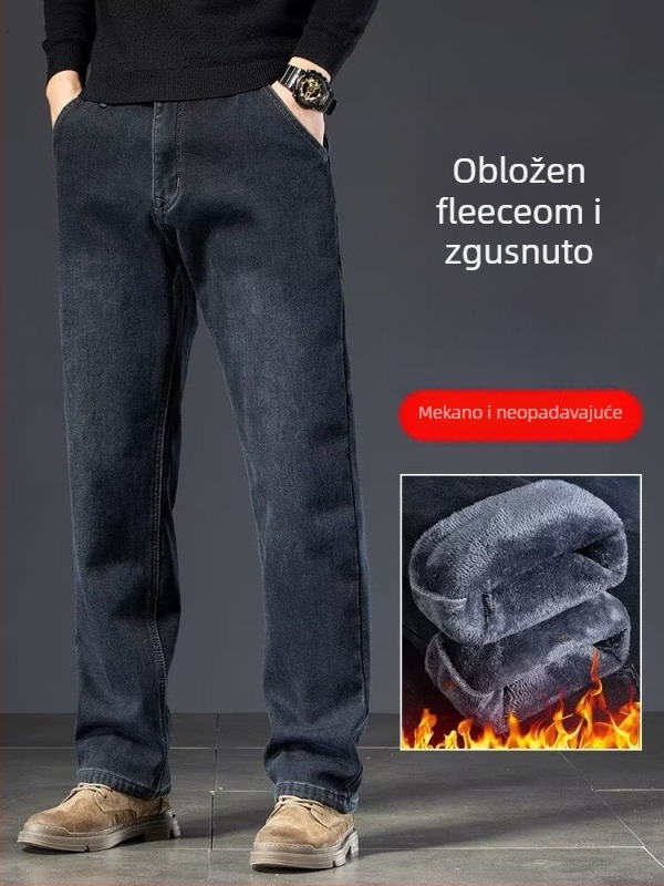 Muške traperice s flis podstavom, zimski model, visokim strukom, straight kroj, zatvarač na zip