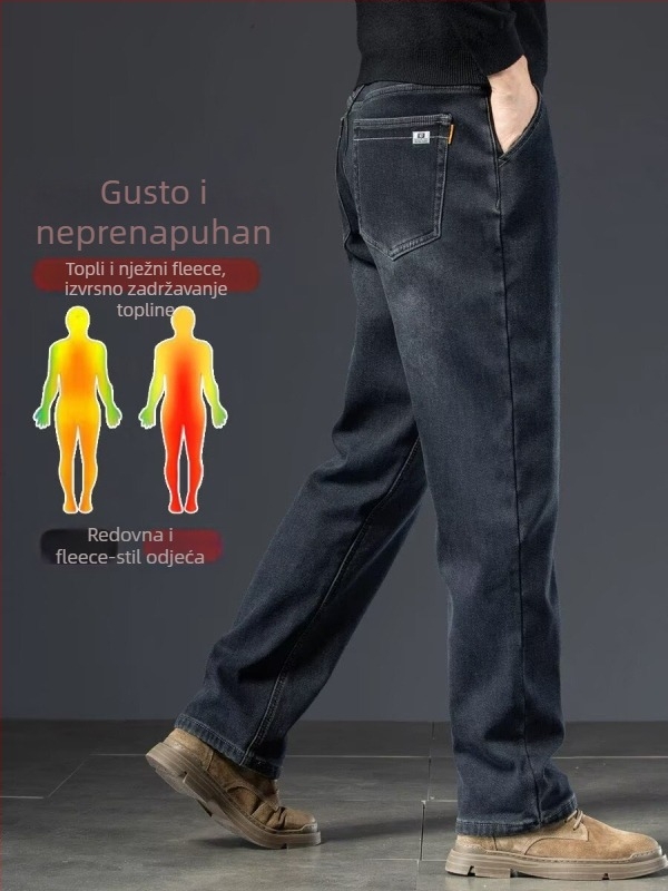 Muške traperice s flis podstavom, zimski model, visokim strukom, straight kroj, zatvarač na zip