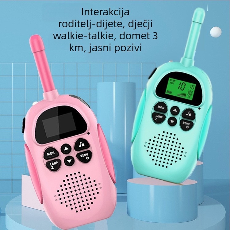 Dječji ručni mini walkie-talkie s dometom do 3 km, 22 kanala, litijska baterija 600 mAh, zaslon, anti-smetnje