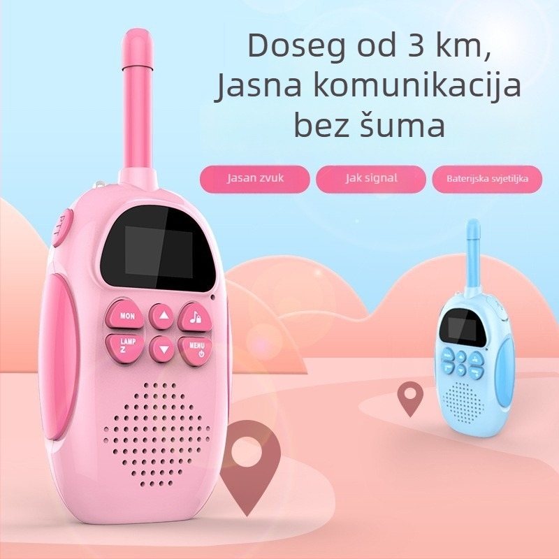 Dječji ručni mini walkie-talkie s dometom do 3 km, 22 kanala, litijska baterija 600 mAh, zaslon, anti-smetnje