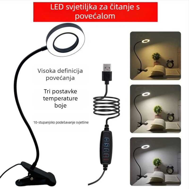 LED clip-on stolna lampa za zaštitu očiju, za učenje i čitanje, tetoviranje i njegu noktiju, rasvjeta za selfie, povećalo — USB napajanje, kućište od aluminijske legure, tijelo od aluminija+PC