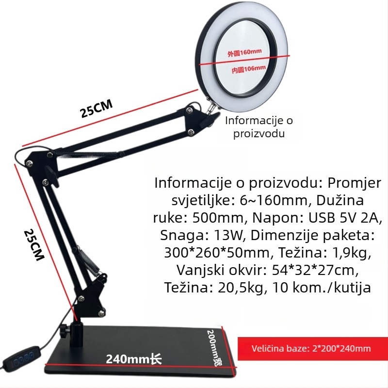 LED clip-on stolna lampa za zaštitu očiju, za učenje i čitanje, tetoviranje i njegu noktiju, rasvjeta za selfie, povećalo — USB napajanje, kućište od aluminijske legure, tijelo od aluminija+PC