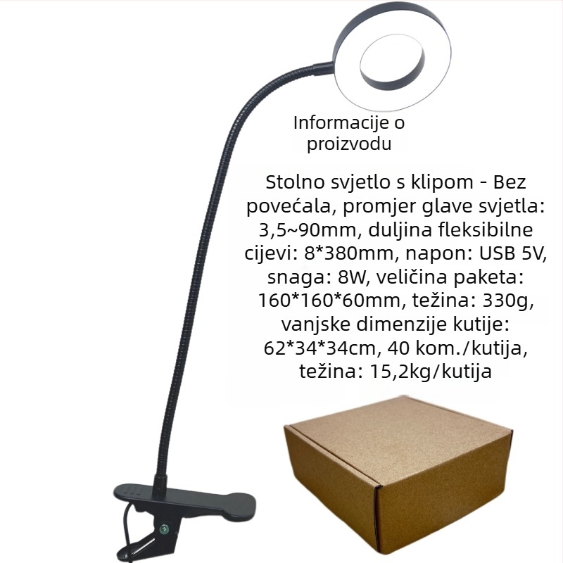 LED clip-on stolna lampa za zaštitu očiju, za učenje i čitanje, tetoviranje i njegu noktiju, rasvjeta za selfie, povećalo — USB napajanje, kućište od aluminijske legure, tijelo od aluminija+PC