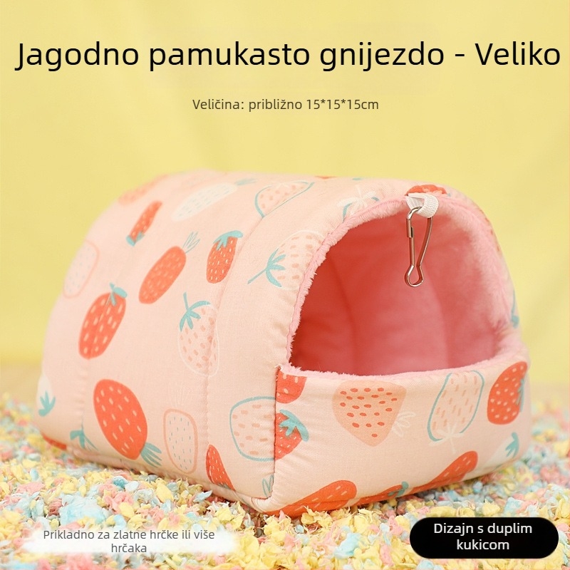 Pamukasto gnijezdo za hrčke, okruglog oblika, zimska upotreba, zadržava toplinu, karikatura stil.