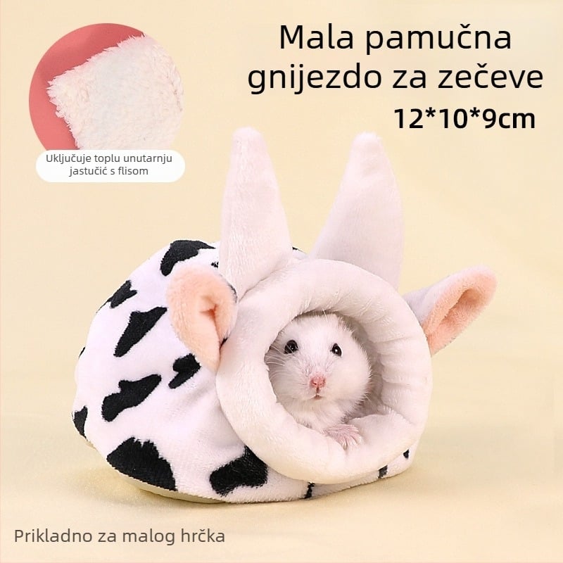Pamukasto gnijezdo za hrčke, okruglog oblika, zimska upotreba, zadržava toplinu, karikatura stil.