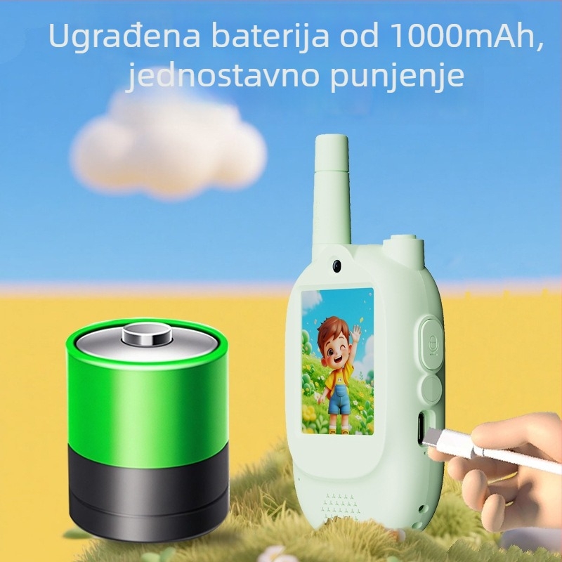 Dječji video interkom s zaslonom, dvokanalni, domet do 1,5 km, litij‑ionska baterija 1000 mAh