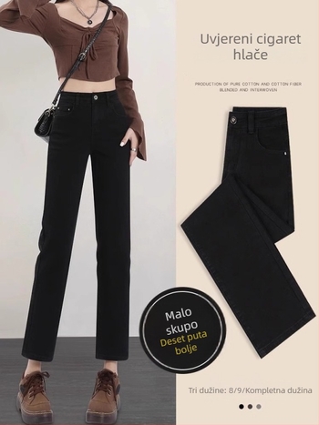 Traperice u stilu džinsa, ravne crop hlače s visokim strukom, lagana rastezljivost, 70-80% viskoze i <30% spandex