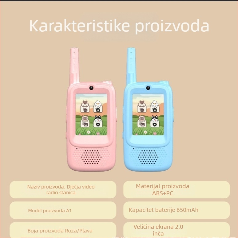 Dječji video-interkom s displejem – 2,4 GHz, doseg do 1,5 km, dvokanalni, litij baterija 650 mAh, offline rad
