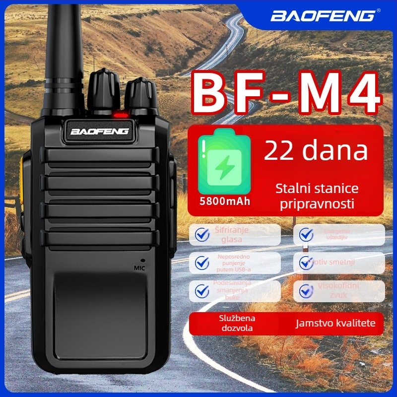 Baofeng BF-M4 prijenosni radio, 5W, 400-470MHz, 16 kanala, 5800mAh baterija, 22 dana pripravnosti