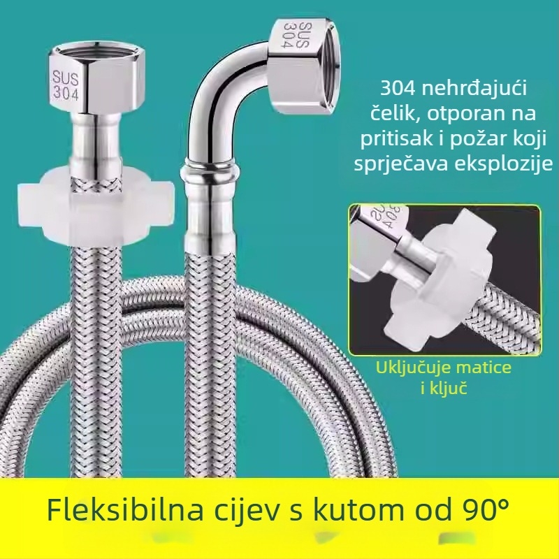 90° kutni fleksibilni vodovodni crijevo za dovod vode na WC, nehrđajući čelik 304, pleteni metalni crijevo, navojni priključak, tlak 1.6 MPa, temperatura 0–90 °C, marka Zimani