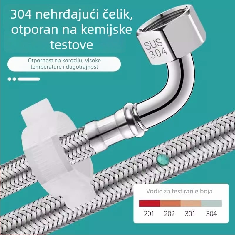 90° kutni fleksibilni vodovodni crijevo za dovod vode na WC, nehrđajući čelik 304, pleteni metalni crijevo, navojni priključak, tlak 1.6 MPa, temperatura 0–90 °C, marka Zimani