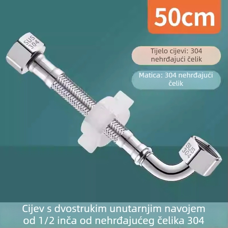 90° kutni fleksibilni vodovodni crijevo za dovod vode na WC, nehrđajući čelik 304, pleteni metalni crijevo, navojni priključak, tlak 1.6 MPa, temperatura 0–90 °C, marka Zimani