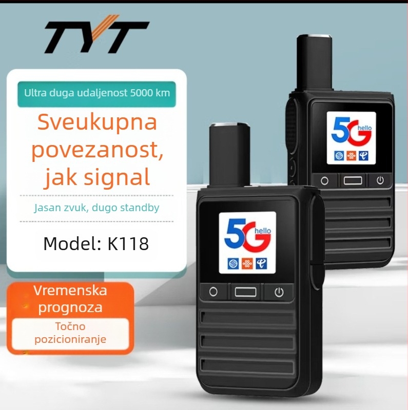 TYT K118 dvosmjerni radio, mreža 5G/4G/3G/2G, teorijski domet >50 km, baterija Li-ion 3000 mAh, zaslon, otporno na prašinu