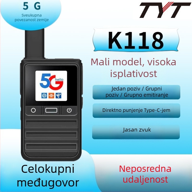 TYT K118 dvosmjerni radio, mreža 5G/4G/3G/2G, teorijski domet >50 km, baterija Li-ion 3000 mAh, zaslon, otporno na prašinu
