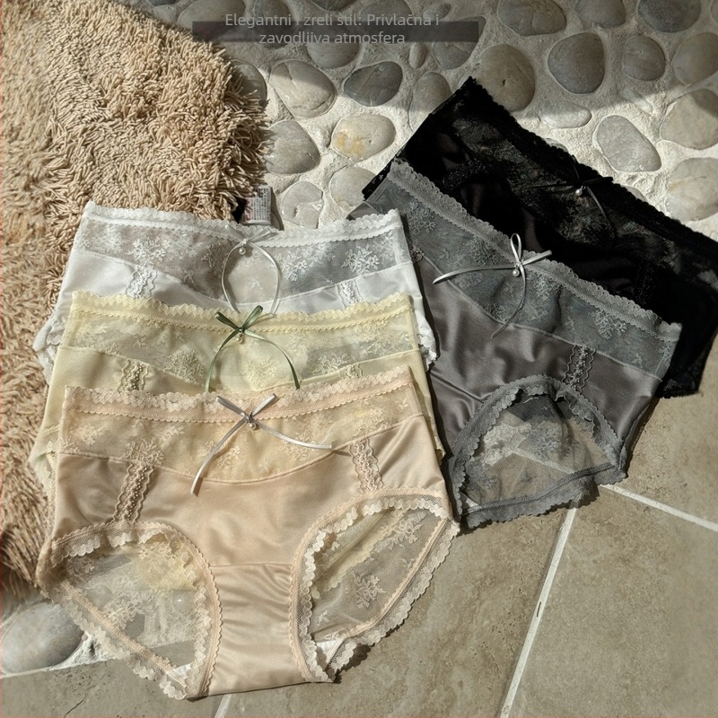 Ženske gaćice od najlona sa satenskom čipkom i mrežom – srednji pojas, Jacquard tkanina, antibakterijsko, prozračno, brzo sušeće