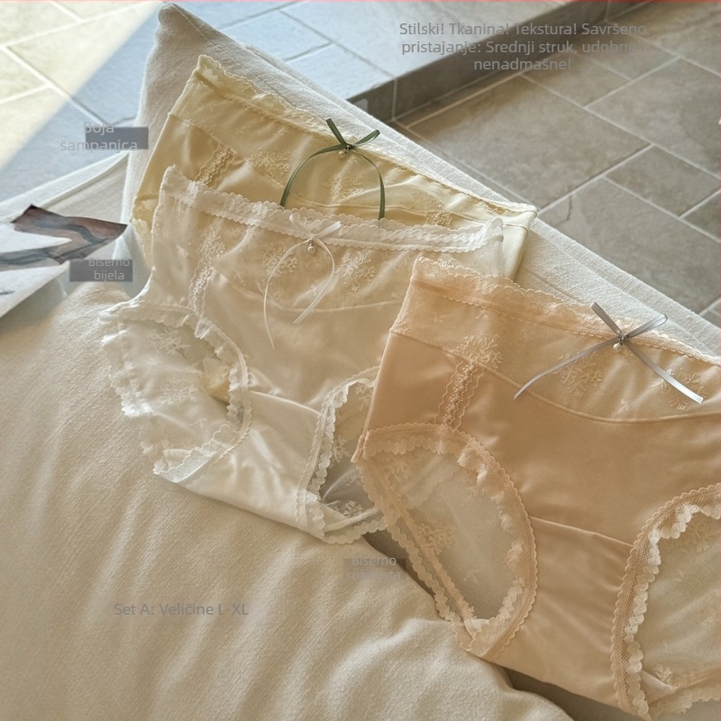 Ženske gaćice od najlona sa satenskom čipkom i mrežom – srednji pojas, Jacquard tkanina, antibakterijsko, prozračno, brzo sušeće