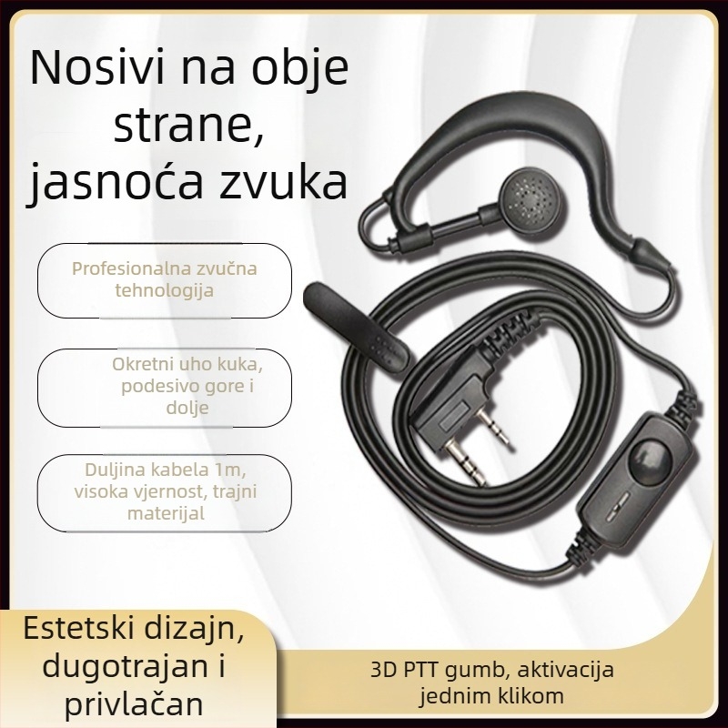 Kabel za slušalice za walkie-talkie, dizajn s kukom za uho, univerzalna kompatibilnost s K-Head, gumeni materijal, protuklizni, bez baterija