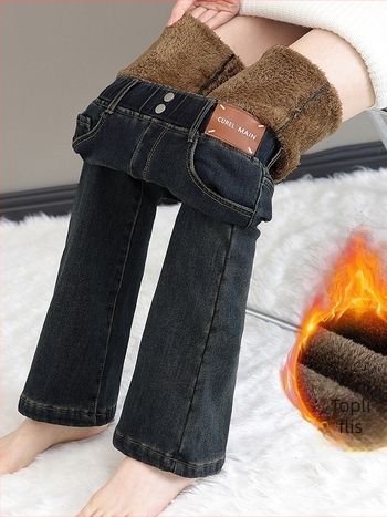 Ženske traperice od denima s fleece podstavom, visokim strukom, širokim flared nogavicama, elastičnim pojasom, pamuk-spandeks denim, zima 2025