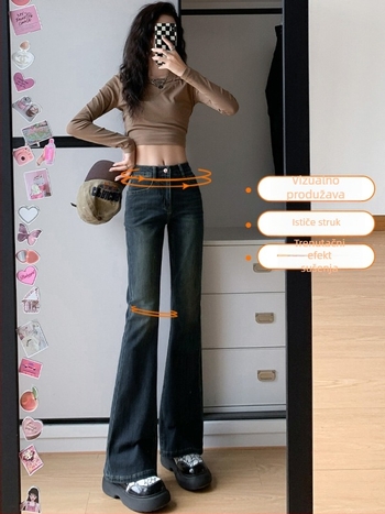 Traperice visokog struka u retro stilu, bootcut, duljina do poda, denim pamuk