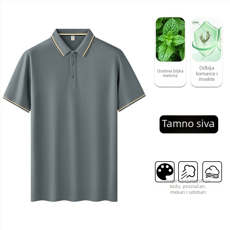 Polo majica s antibakterijskim ekstraktom mente, prozračan tanak Ice Silk materijal, 100% poliester, kratki rukavi, prilagodljiv kroj, ljeto 2025