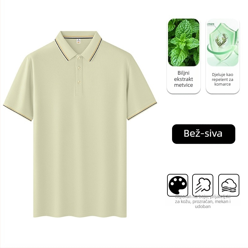 Polo majica s antibakterijskim ekstraktom mente, prozračan tanak Ice Silk materijal, 100% poliester, kratki rukavi, prilagodljiv kroj, ljeto 2025