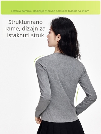 Slim-fit T-shirt s dugim rukavima, okrugli izrez, jednobojni uzorak, pamuk dominira 90–95%, poliester ispod 30%