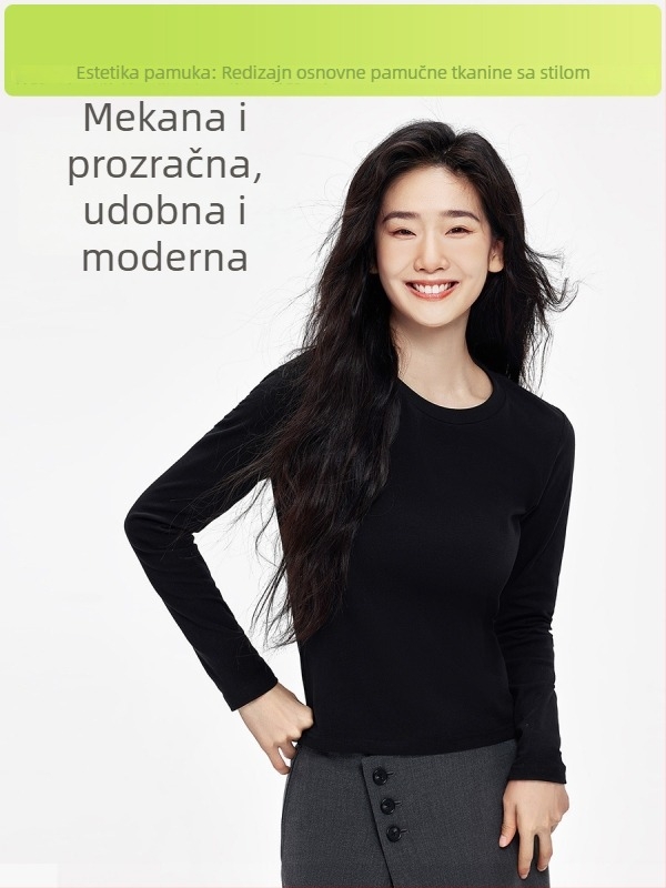Slim-fit T-shirt s dugim rukavima, okrugli izrez, jednobojni uzorak, pamuk dominira 90–95%, poliester ispod 30%